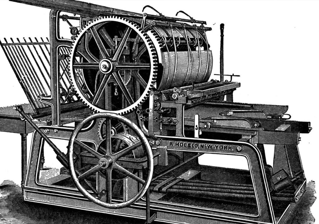 Un’illustrazione di una delle prime macchine di stampa a caratteri mobili