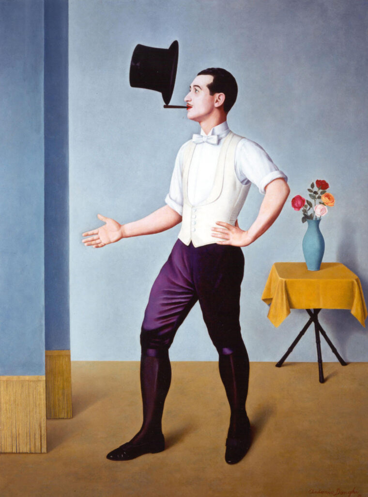 Nell’opera di Antonio Donghi: Il giocoliere — 1936 è dipinto un uomo che ha un sigaro tra le labbra, sul quale è in equilibrio un cappello.