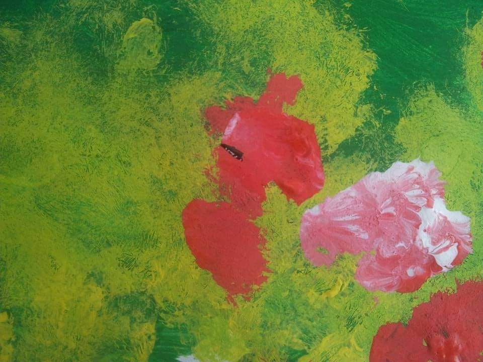 Tempera su tela, colori verde, rosa e rosso; figure astratte e macchie di colore