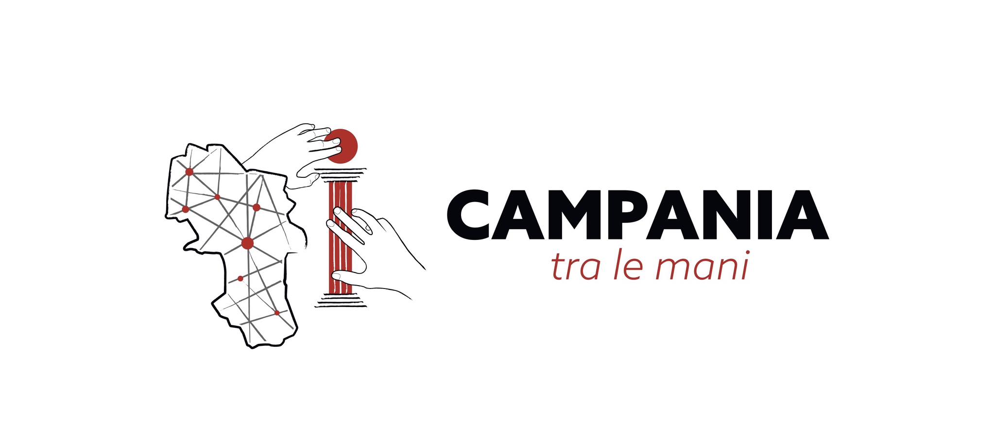 Logo della rete Campania tra le mani, rappresenta la cartina della regione Campania e mani che esplorano una colonna, simbolo di tutti i musei e le realtà artistiche, storiche e culturali che sono riunite nella rete grazie al protocollo