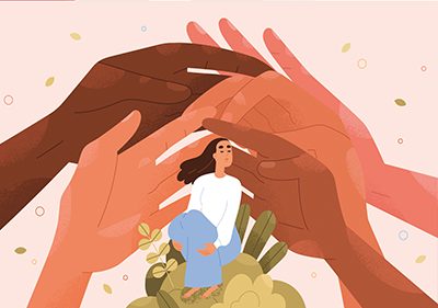 Illustrazione che rappresenta una donna seduta su un'aiuola, circondata da tante mani molto più grandi di lei, a evocare il gestoo di protezione, cura