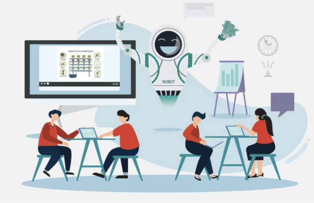 Illustrazione di classe con robot che insegna grazie alla tecnologia AI