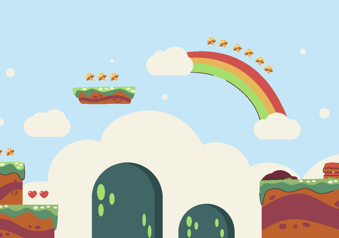 Nell’immagine la grafica di uno sfondo di un videogioco, in cui è presente un percorso per raggiungere il baule del tesoro. Durante il tragitto si possono raccogliere stelle, cuori e scivolare su un arcobaleno facendo attenzione a non cadere sui cactus.