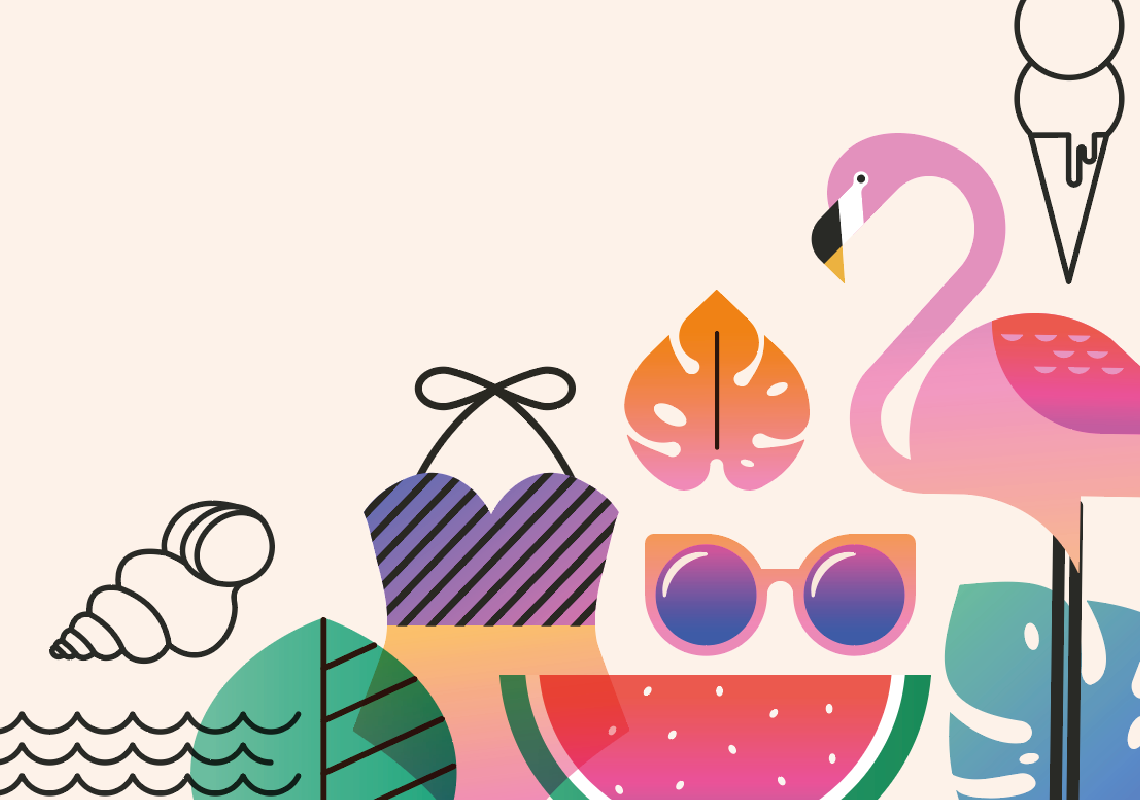 Grafica che ricorda l’estate: ci sono un'anguria, occhiali da sole, un costume, un pellicano, una conchiglia e delle onde.
