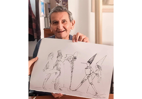 Ritratto dell’artista accanto ad alcuni schizzi di Pinocchio