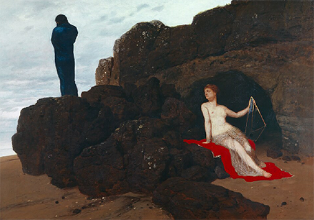 Ulisse e Calipso di Arnold Böcklin, 1882. Il soggetto è tratto dall'Odissea. Dopo essere sopravvissuto alla tempesta marina che ha causato il naufragio della sua nave da guerra e la morte per annegamento di tutti i suoi compagni, Ulisse raggiunge a nuoto Ogigia, l'isola della ninfa Calipso, della quale diventa anche amante. Rimarrà con lei sette anni, per poi lasciare Ogigia desiderando ritornare a Itaca, l'isola di cui egli è il re, nonché rivedere la moglie Penelope e il figlio Telemaco. La tela mostra Ulisse nell'isola di Ogigia, insieme a Calipso. L'eroe, rappresentato di spalle, osserva immobile le onde del mare, avendo ormai preso la decisione di andarsene, mentre in primo piano la ninfa, che ha capito tutto, lo guarda malinconicamente.