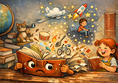 Illustrazione di un libro animato con i suoi vari elementi (un razzo, le stelle)