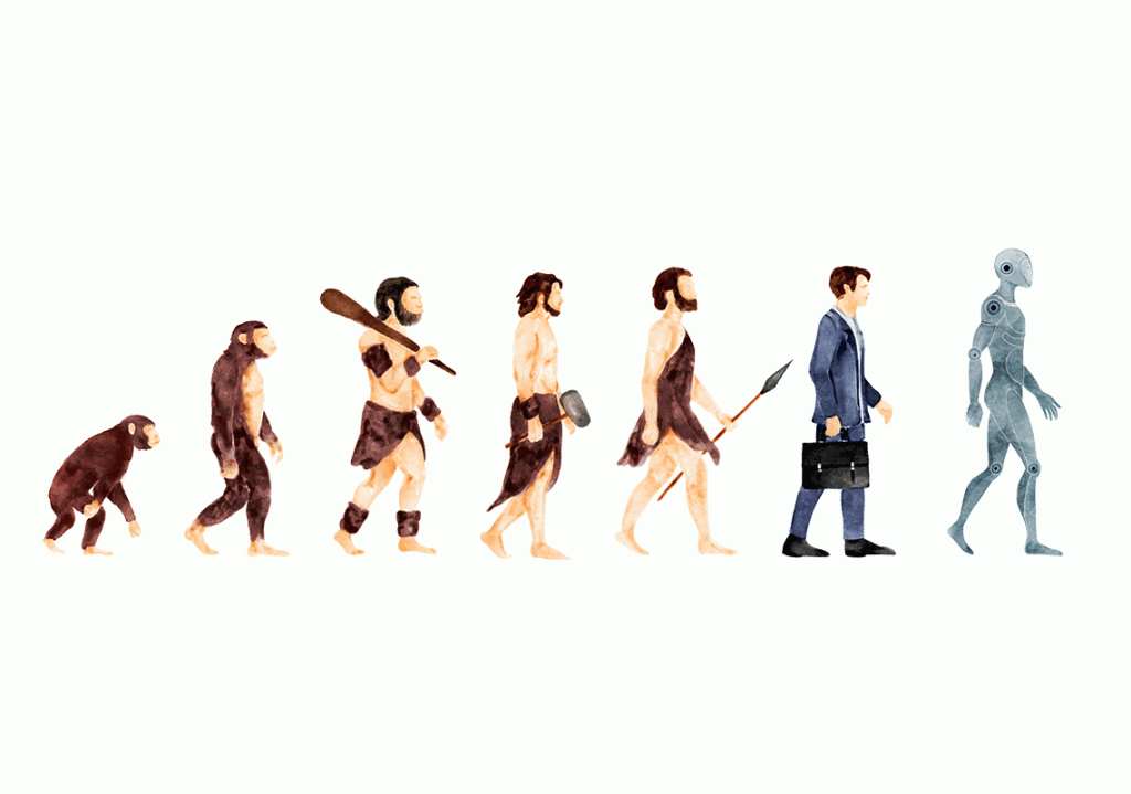 Immagine che ritrae i vari stati evolutivi dell'essere umano. Dalla scimmia all'uomo, fino al robot