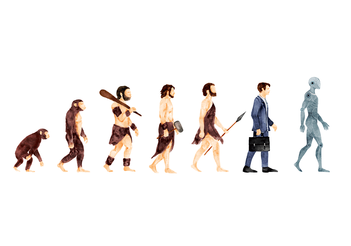 Immagine che ritrae i vari stati evolutivi dell'essere umano. Dalla scimmia all'uomo, fino al robot